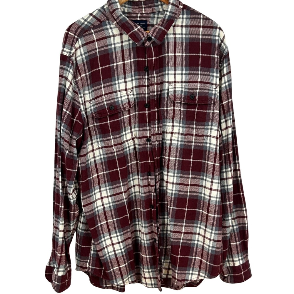 American Eagle Mens XXL‎ Plaid Flannel Shirt Maroon White Long Sleeve Cotton